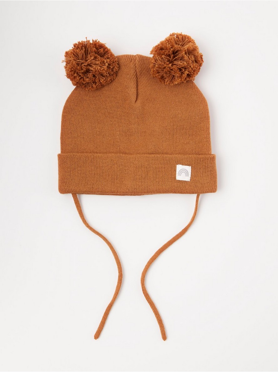 Kapa – Fine-knit beanie with pom poms and tie band