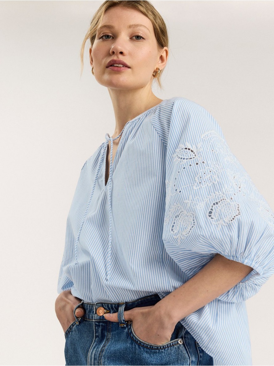 Bluza – Striped puff sleeve blouse with embroidery