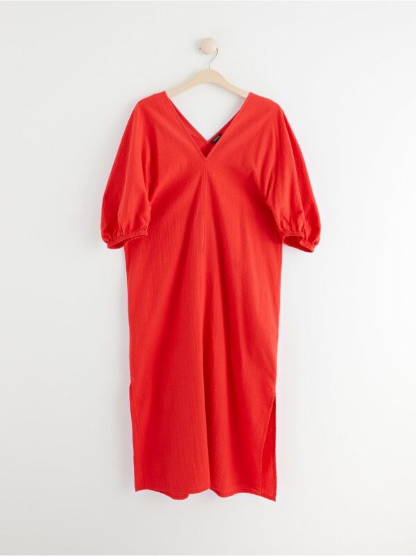 Seersucker cotton dress with puff sleeves - 8372519-6978