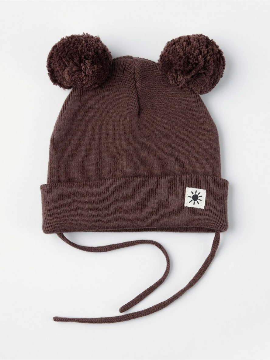 Knitted beanie with pom poms and tie - 8415432-5290