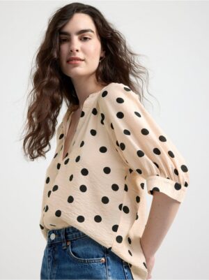 Patterned short sleeve blouse with v-neck - 8552084-8399