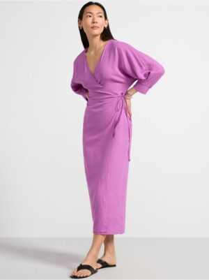 Long sleeve linen blend wrap dress - 8554117-9859