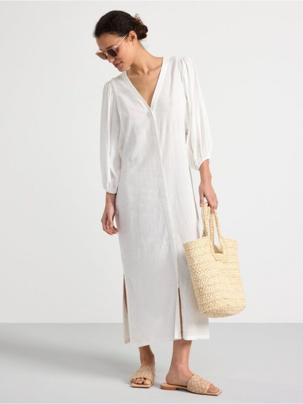 Linen blend midi dress with puff sleeves - 8562645-300