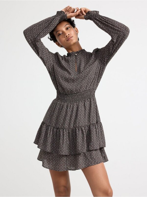 Patterned long sleeve dress with flounces - 8606879-80