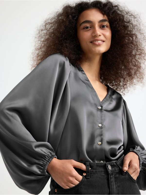 Satin blouse with long puff sleeves - 8638230-9608