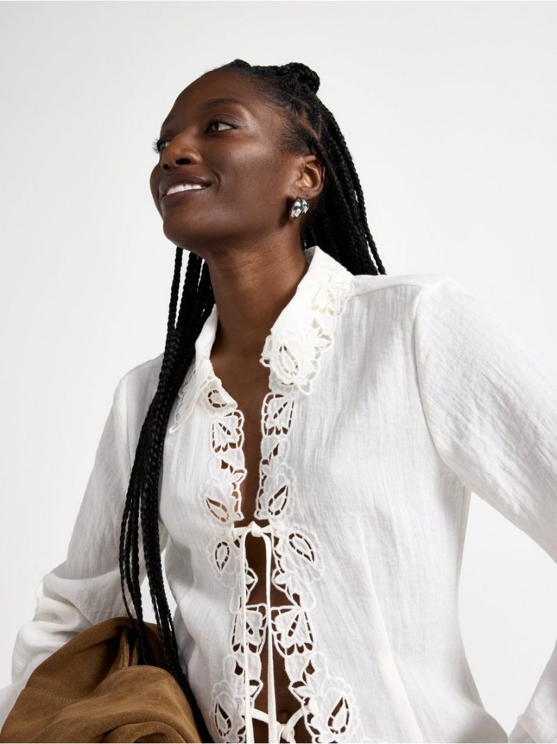 Embroidered blouse with tie band - 3009972-300