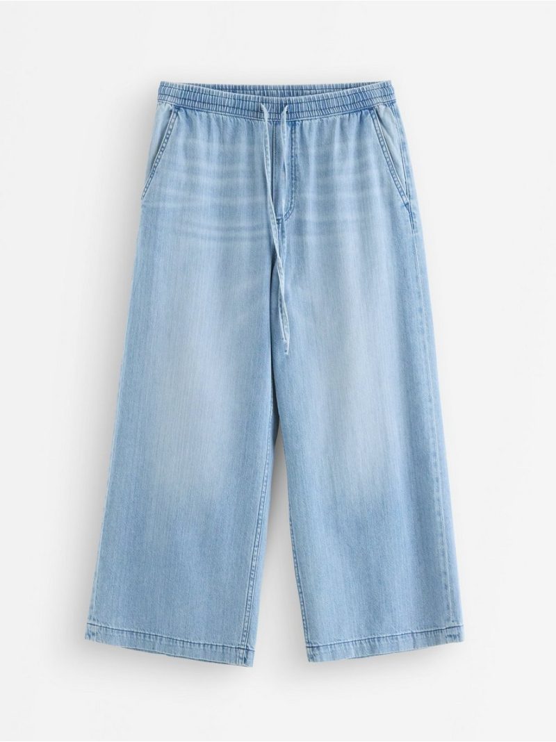 - WIDE cropped denim trousers with elastic waist WIDE cropped denim trousers with elastic waist - 3010502-766