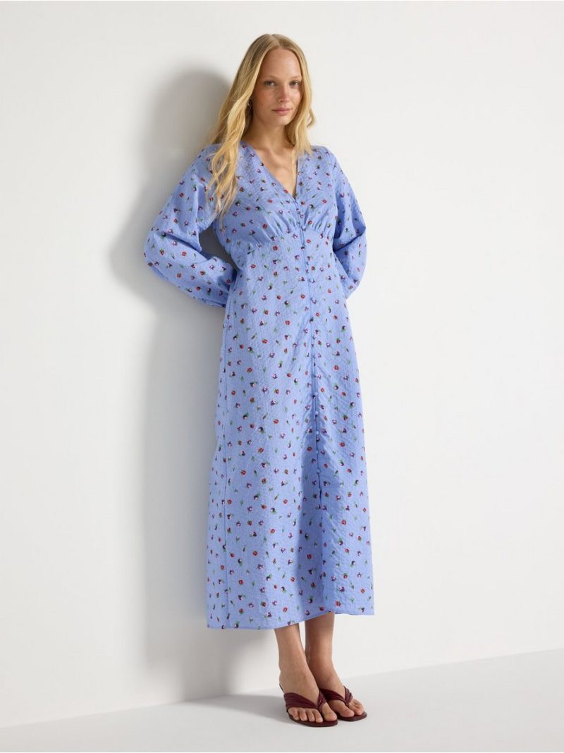 Long-sleeved midi dress in seersucker - 3011010-6754