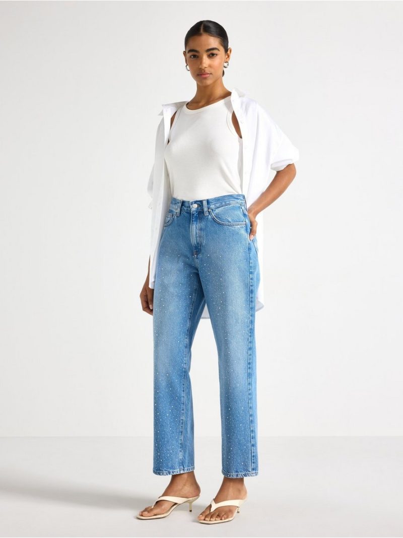 STRAIGHT cropped jeans with rhinestones - 3013033-791