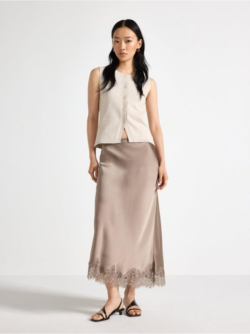 Satin skirt with lace trim - 3011807-7469